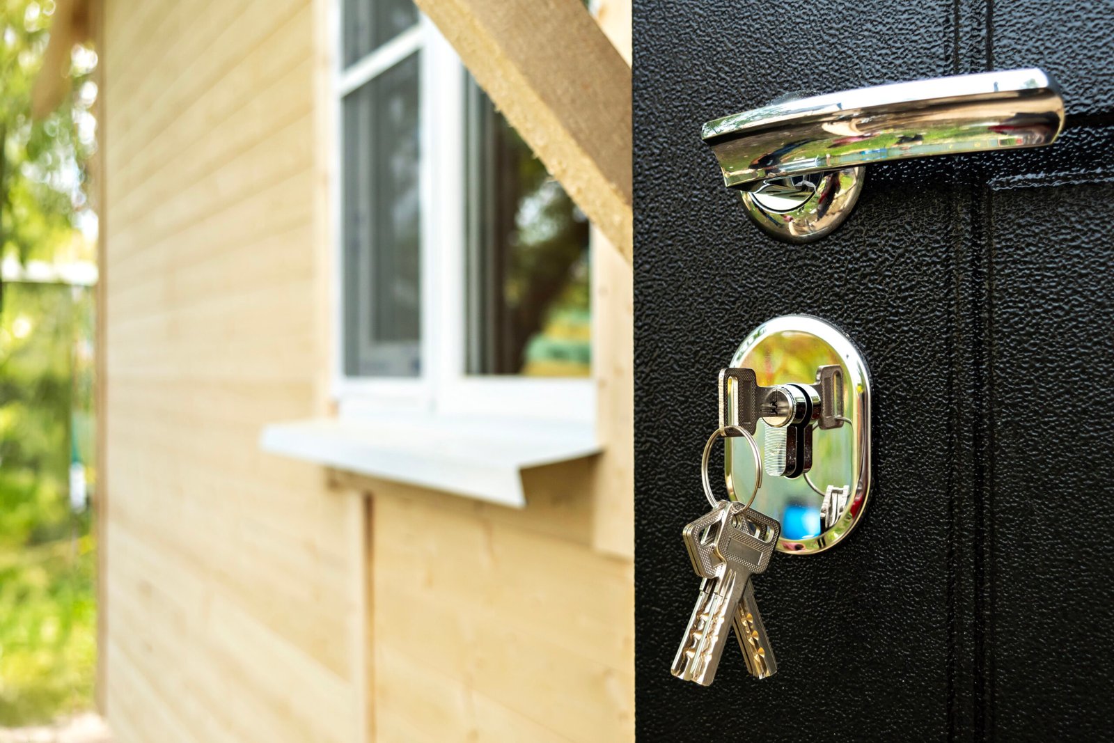 Black door with keys in lock against wooden facade, concept of new home and coziness